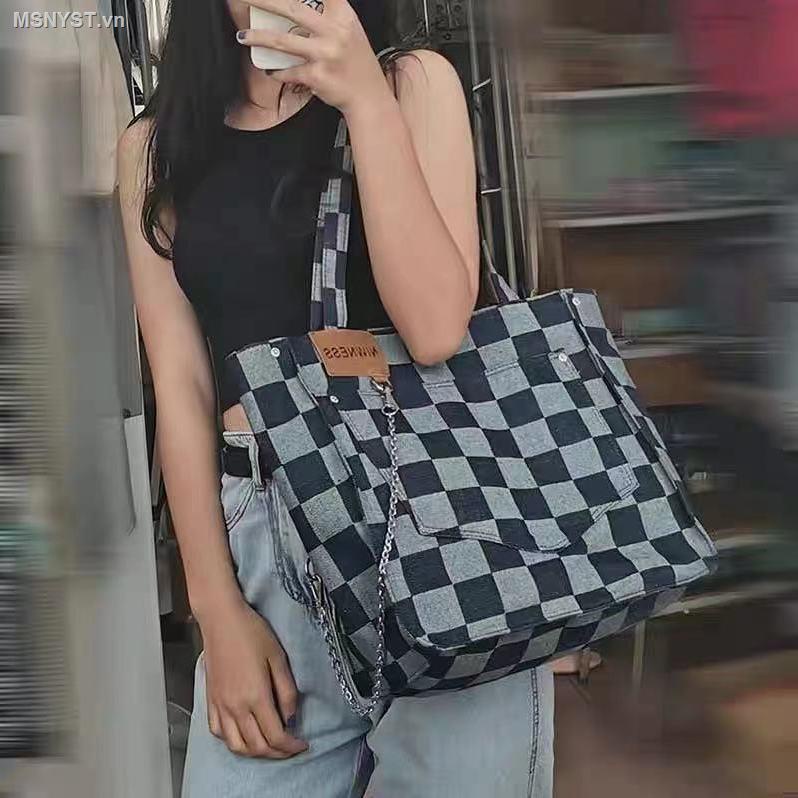 Túi Xách Denim Một Bên Vai Sức Chứa Lớn Họa Tiết Sọc Caro Mẫu Mới Dành Cho Nữ 2021