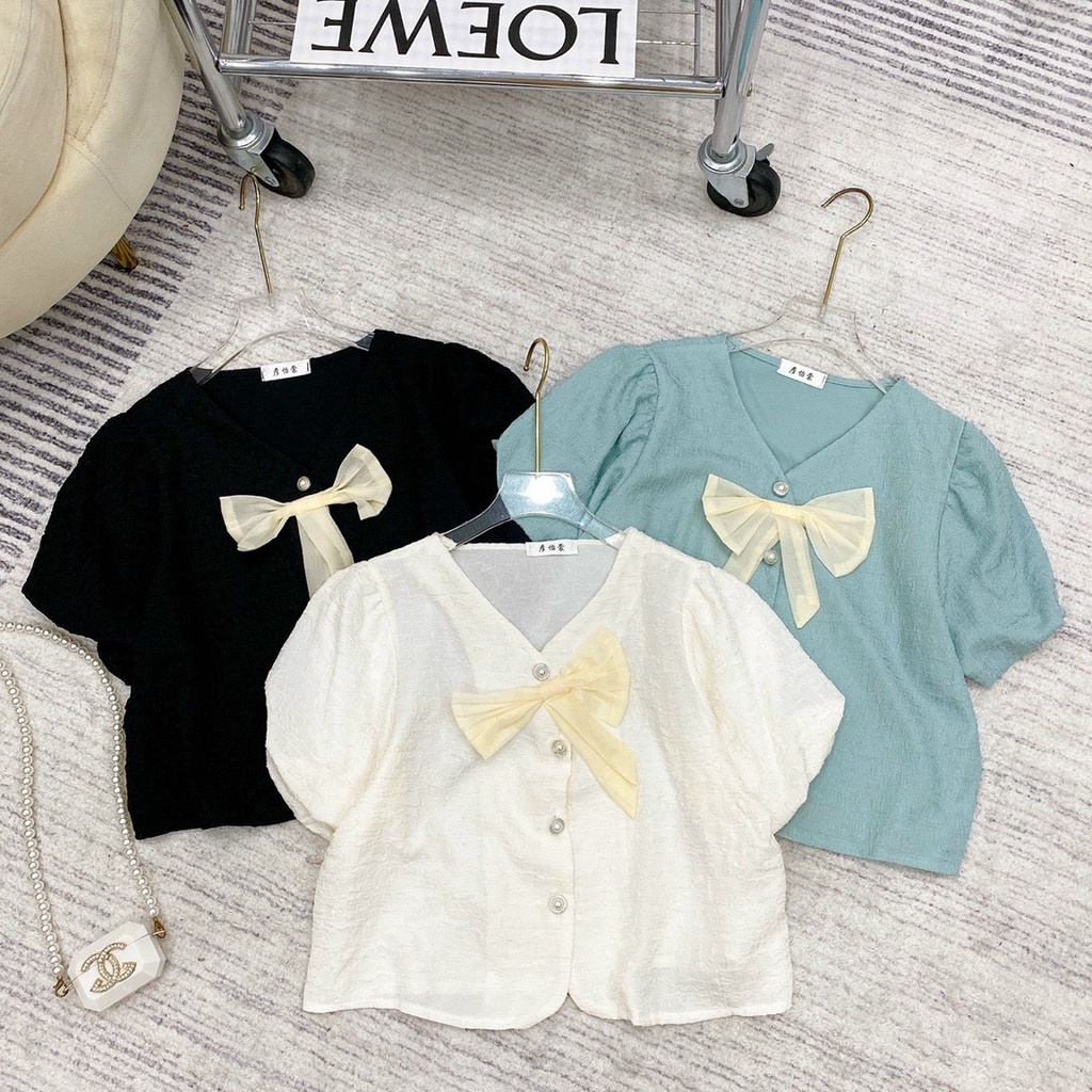 ÁO CROPTOP CỔ V KHUY NGỌC TAY BỒNG TIỂU THƯ, ÁO SƠ MI NỮ CHẤT XỐP NGẮN TAY KÈM NƠ