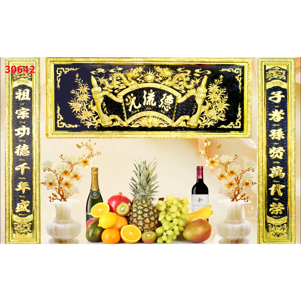 Tranh Dán tường 3d Phòng thờ, bàn thờ hình phật, tổ, bồ tát quan âm, mâm ngũ quả đặc sắc