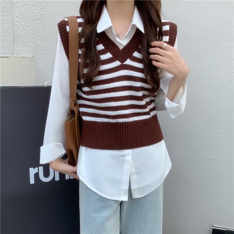 Áo dệt kim sát nách dáng rộng cổ chữ v kiểu Hàn Quốc dễ thương cho nữ | BigBuy360 - bigbuy360.vn