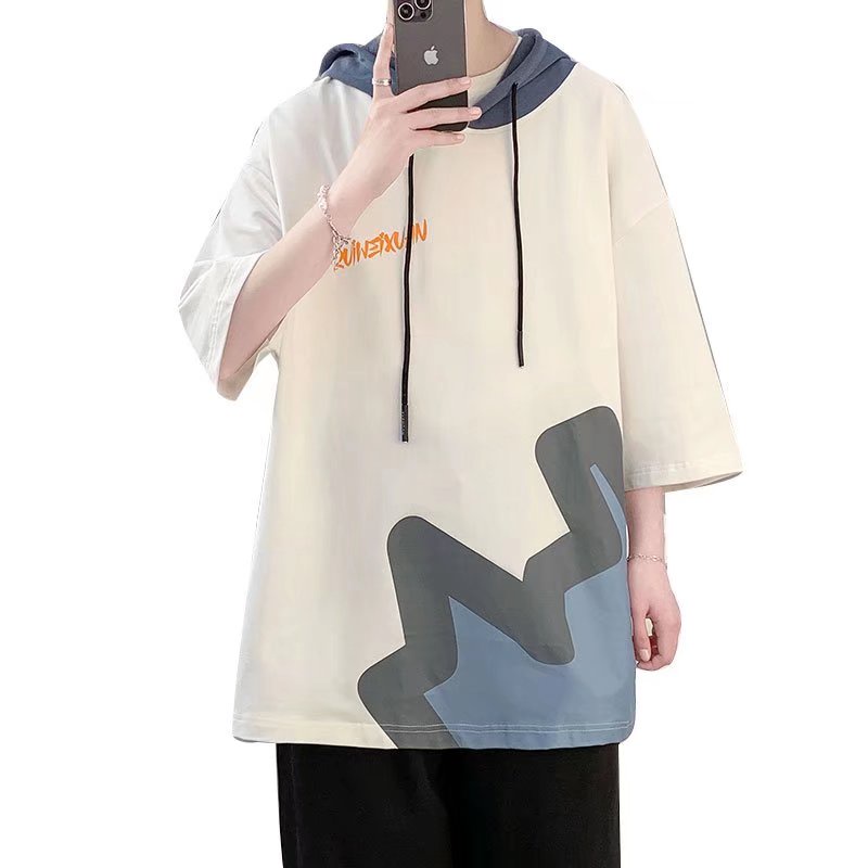 Áo Hoodie Tay Ngắn Dáng Rộng In Chữ Phong Cách Hàn Quốc Thời Trang Cho Nam Size M-3XL