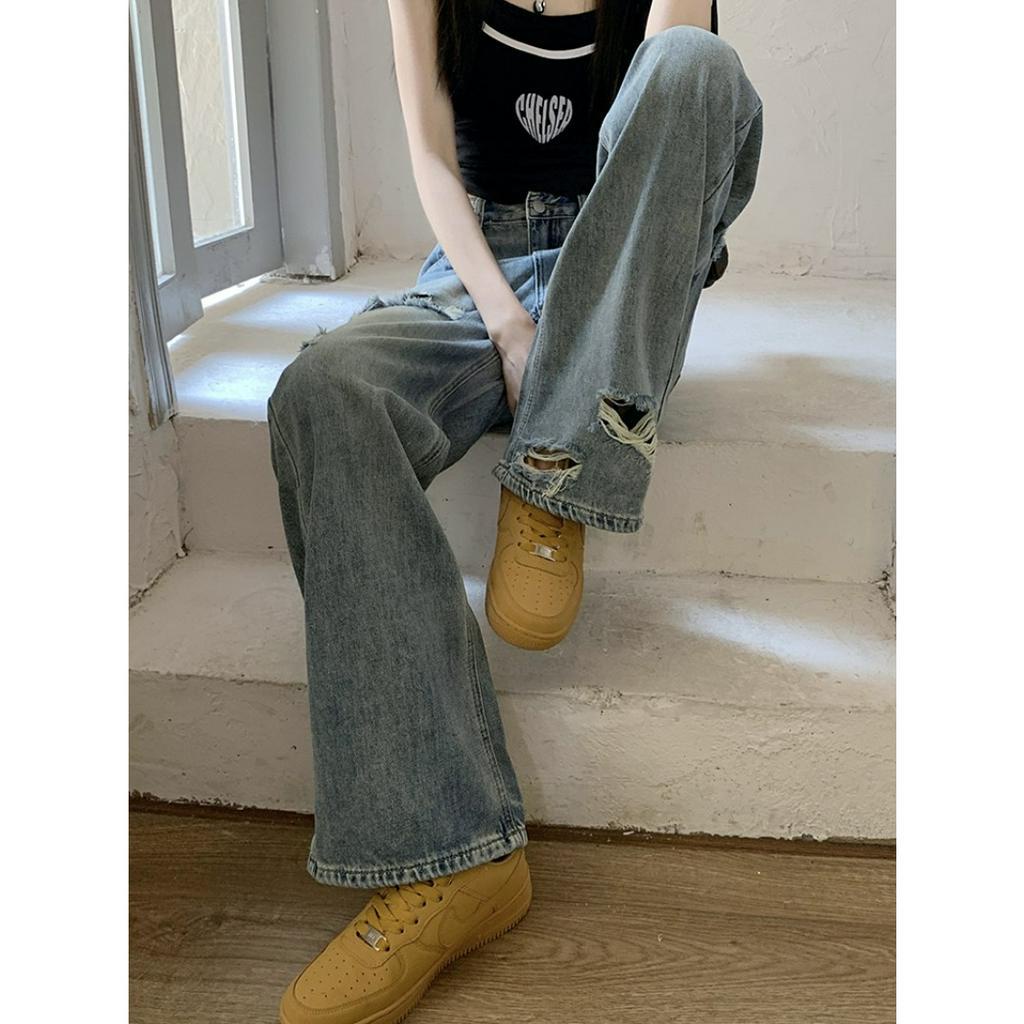 「 WELOVE1 」Quần Denim Cạp Cao Rách Gối