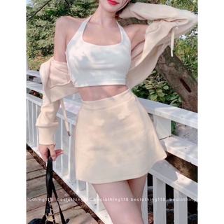 SET ÁO CROPTOP TRẮNG + KHOÁC NÓN + CHÂN VÁY KEM