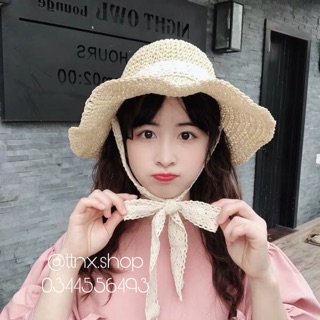 Mũ cói vành mềm buộc nơ ren