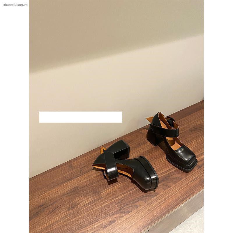 Giày cao gót Mary Jane mũi vuông màu đen thời trang thịnh hành mới cho nữ