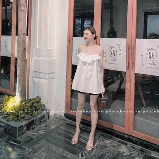 Áo Dây Cổ Bèo Dáng Suông Nữ POPI Chất Liệu Vải Boy Cotton Chấm Bi Thoáng Mát - Freesize