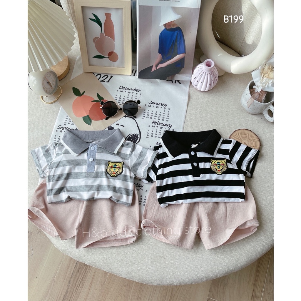 Set Bộ Bé Trai Hàn Quốc Áo Thun Cotton Có Cổ Sọc Ngang Logo Cọp Quần Đũi Cara Gía Rẻ 1-4 Tuổi Đi Học Đi Chơi - BIBUKIDS