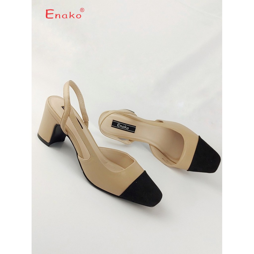 Giày sandal nữ đẹp mũi vuông phối nỉ gót 5cm dáng slingback Enako TP13452