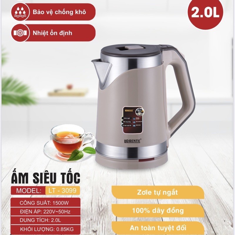 Ấm siêu tốc cao cấp Lorente LT-3099- LT 3088 Bình đun siêu tốc dung tích 2,2L chính hãng (BH12 tháng)