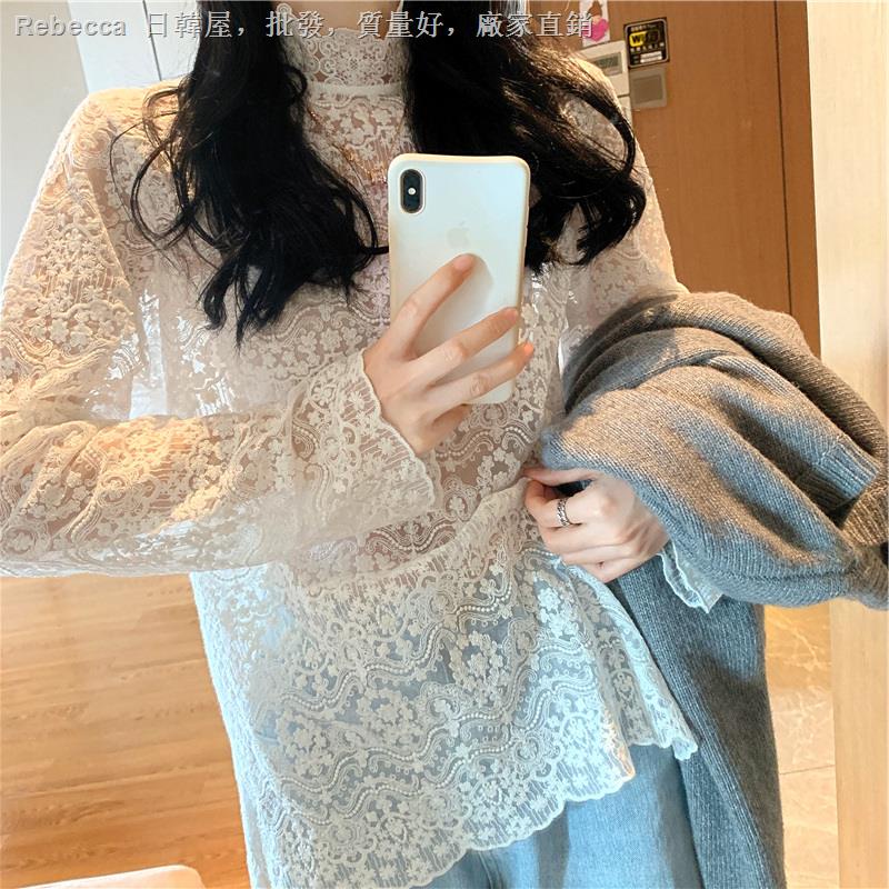 ❧㍿❦Áo kiểu tay dài phối ren lưới thời trang xuân thu mới cho nữ