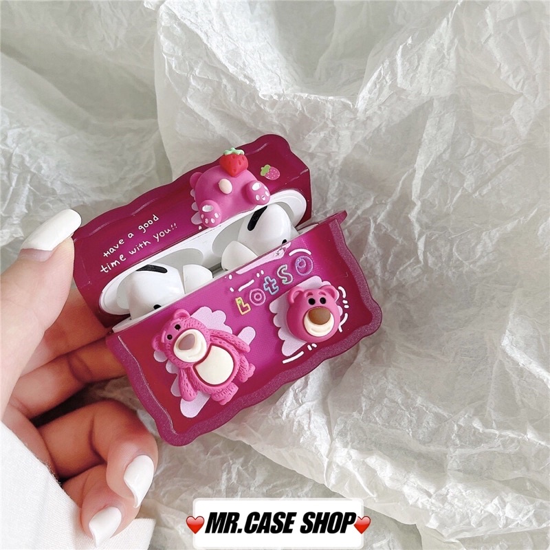 [ CÓ AP 3 ] Case Airpods 1/2 /Pro Vỏ Ốp Tai Nghe Hình Vuông Gấu Hồng Lotso Sticker Nổi - Mr.Case AirPods