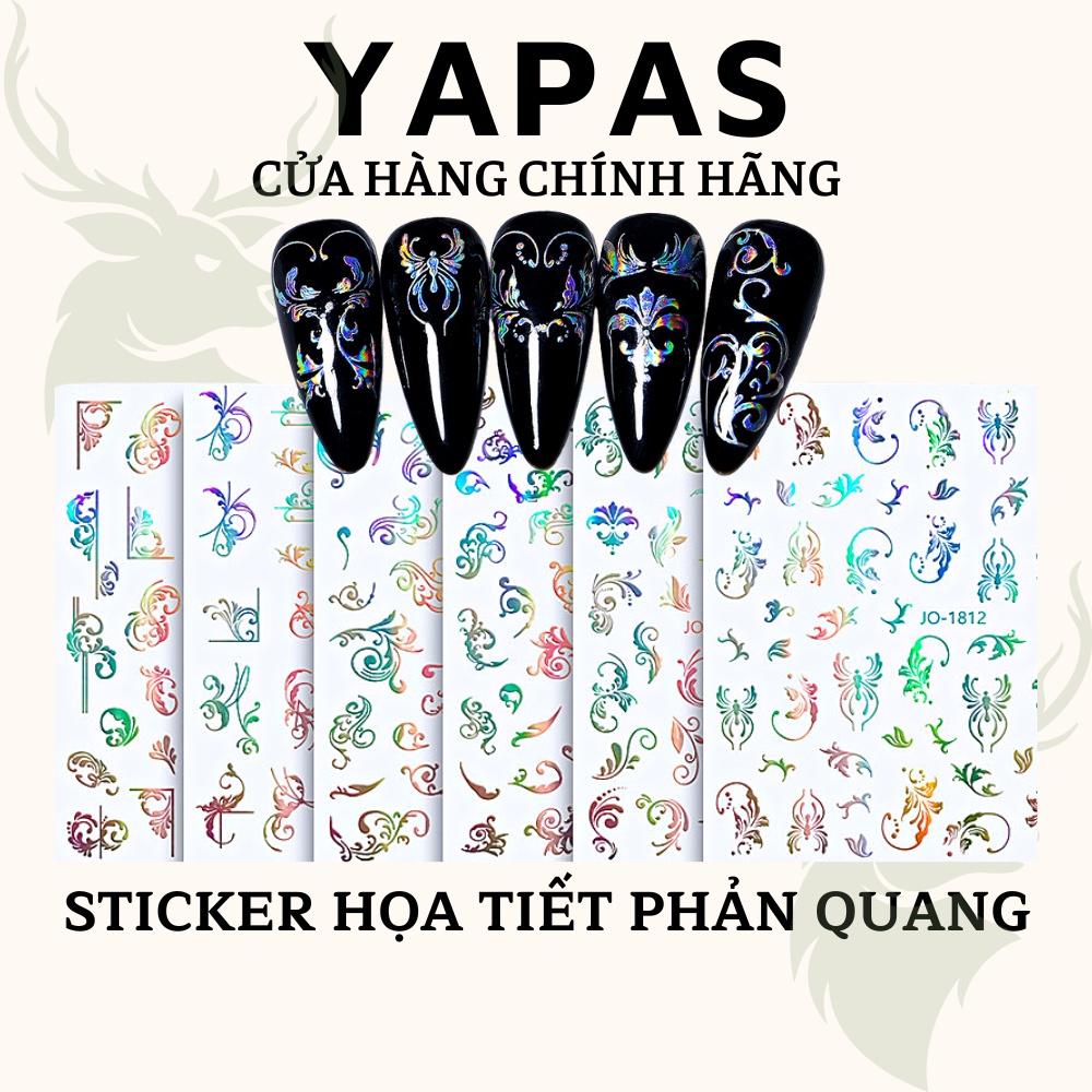 Sticker nail hoa văn phản quang flash Yapas 3D 40 đến 60 hình, decal hình dán gắn trang trí móng cao cấp