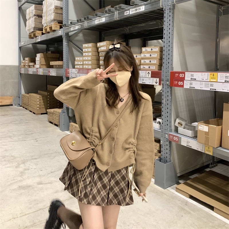 (ORDER) Set Áo Len Dây Rút + Chân Váy Xếp Ly Kẻ Caro Vintage
