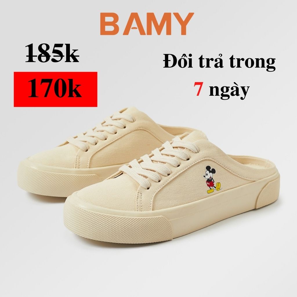 Giày Sục Thể Thao Nữ MK màu Kem, Sục bata đạp gót đế bánh mì 3cm BAMY From rộng