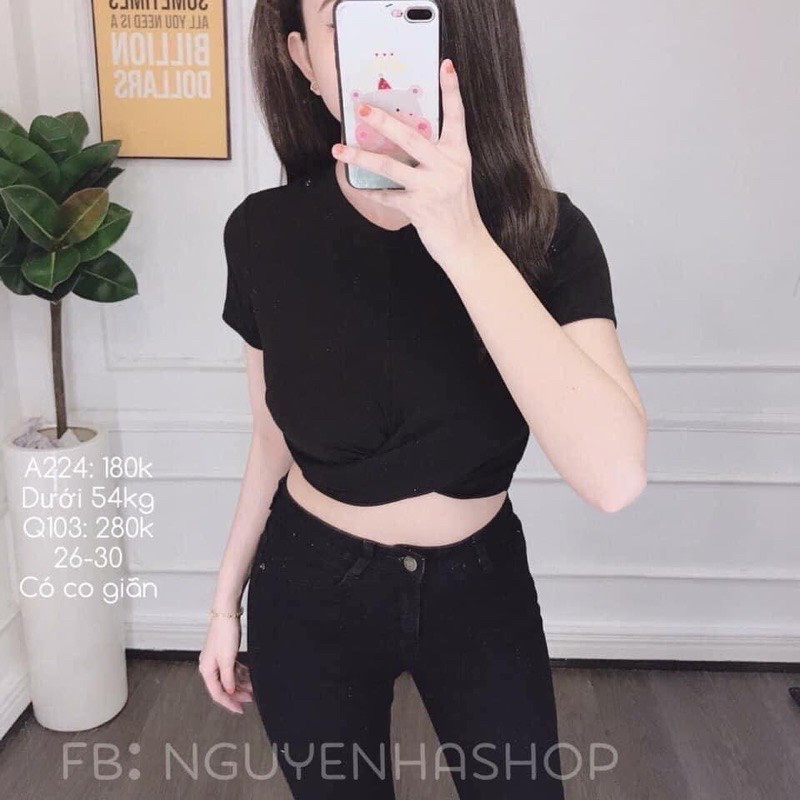 Áo Croptop xoắn bụng nữ - Áo thun body dáng cộc phong cách vintage màu ĐEN | TRẮNG cá tính ulzzang HOT