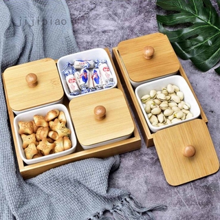 Set khay phục vụ đồ ăn bằng tre với chén gia vị có nắp chống ẩm
