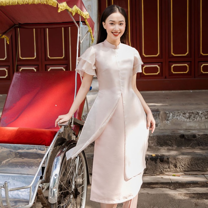Áo Dài Cách Tân Nữ Vai Bồng Tà Xẻ Cao Cấp A43