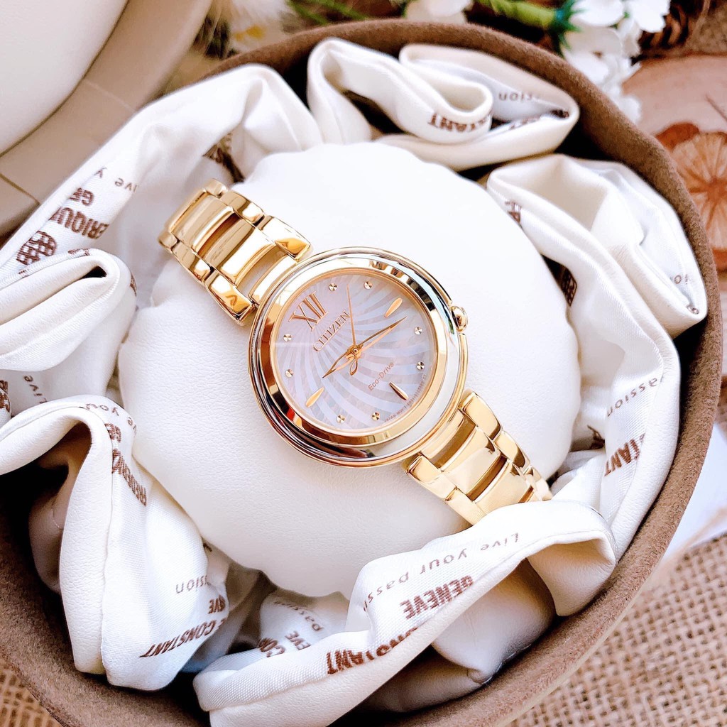 Đồng hồ Nữ Citizen Eco Drive EM0336-59D Size 30mm,Mạ vàng,Mặt trắng-Năng lượng ánh sáng-Dây kim loại mạ vàng cao cấp