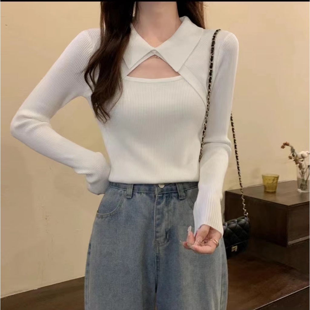 Áo sweater ZHELIHANGFEI tay dài giả hai lớp cổ bẻ ôm dáng thời trang quyến rũ