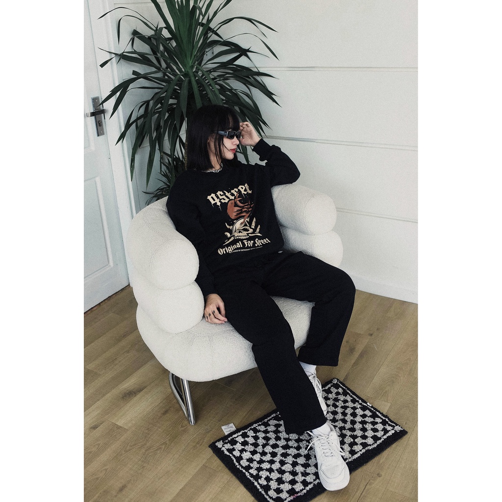 Áo sweater nỉ dài tay nam nữ in logo 4STREET, 100% cotton form oversize cổ tròn USW53