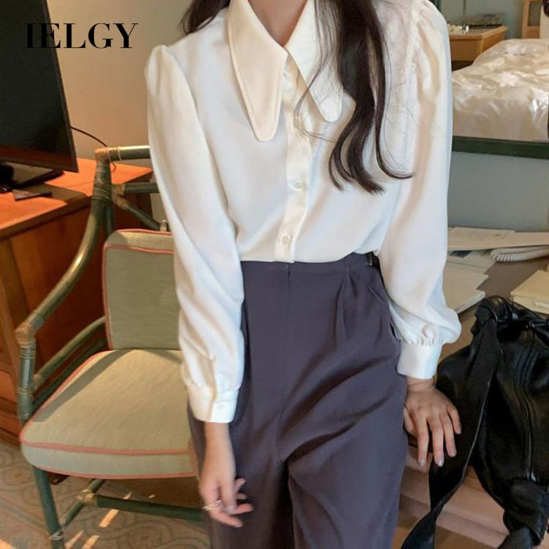 Áo sơ mi IELGY màu trắng tay dài cổ chữ V dễ thương