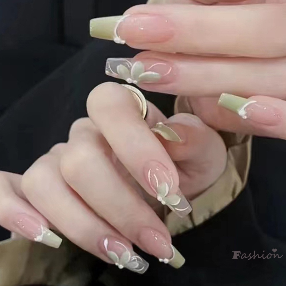 Bộ 24 Móng Tay Giả Màu Xanh Lá Sáng Bóng Trang Trí Hoa Phong Cách Pháp Thời Trang Cho Nữ