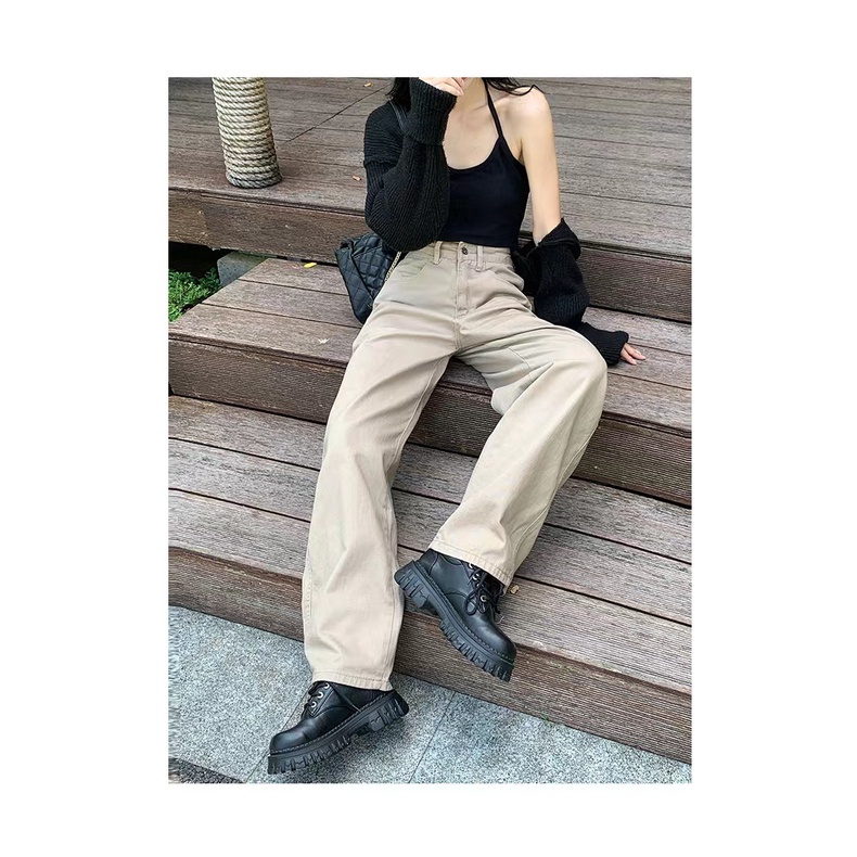 Quần jean lưng cao ống suông rộng thời trang retro dễ phối đồ