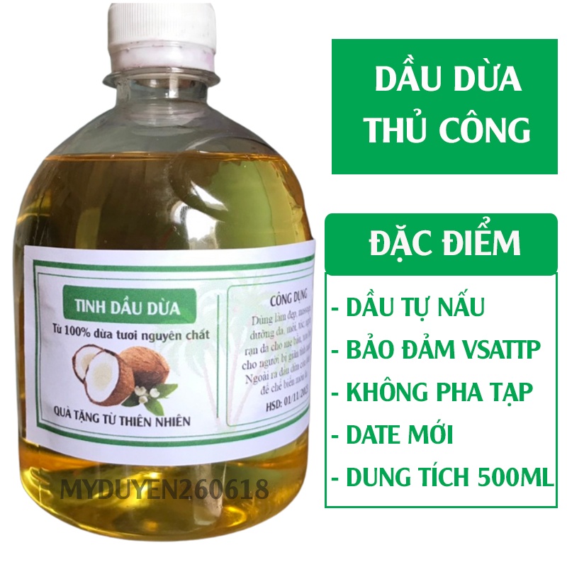 Dầu dừa thủ công nguyên chất handmade Dưỡng Da,  Dưỡng Tóc, Dưỡng Môi  500ml