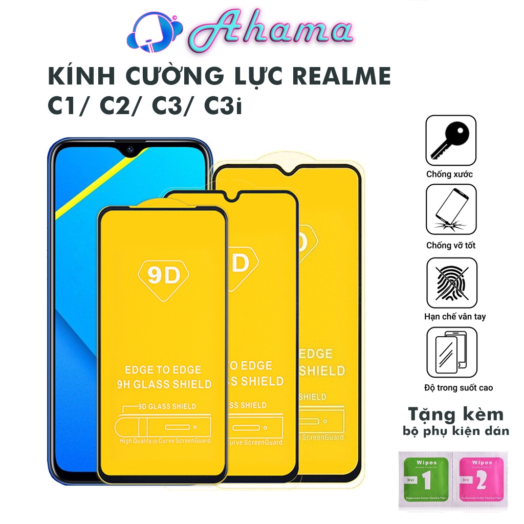 Kính cường lực  Realme C1 C2 C3 C3i full màn độ bên cao chống trầy xước rơi vỡ màn hình tặng kèm khăn lau