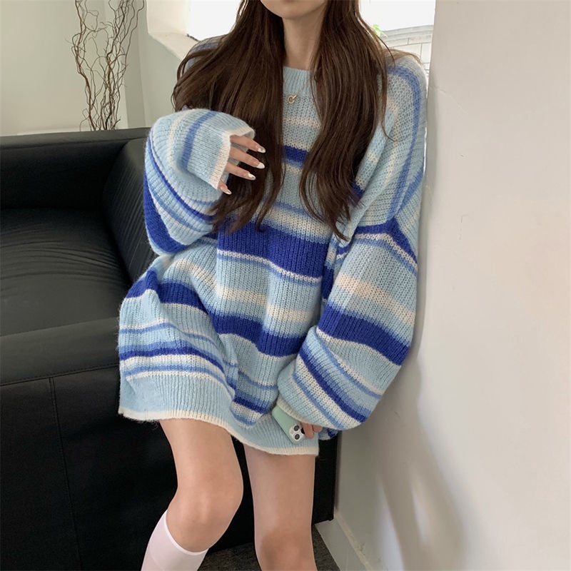 Áo sweater Dáng Rộng Họa Tiết Kẻ Sọc Phong Cách Hàn Quốc Thời Trang Cho Nữ