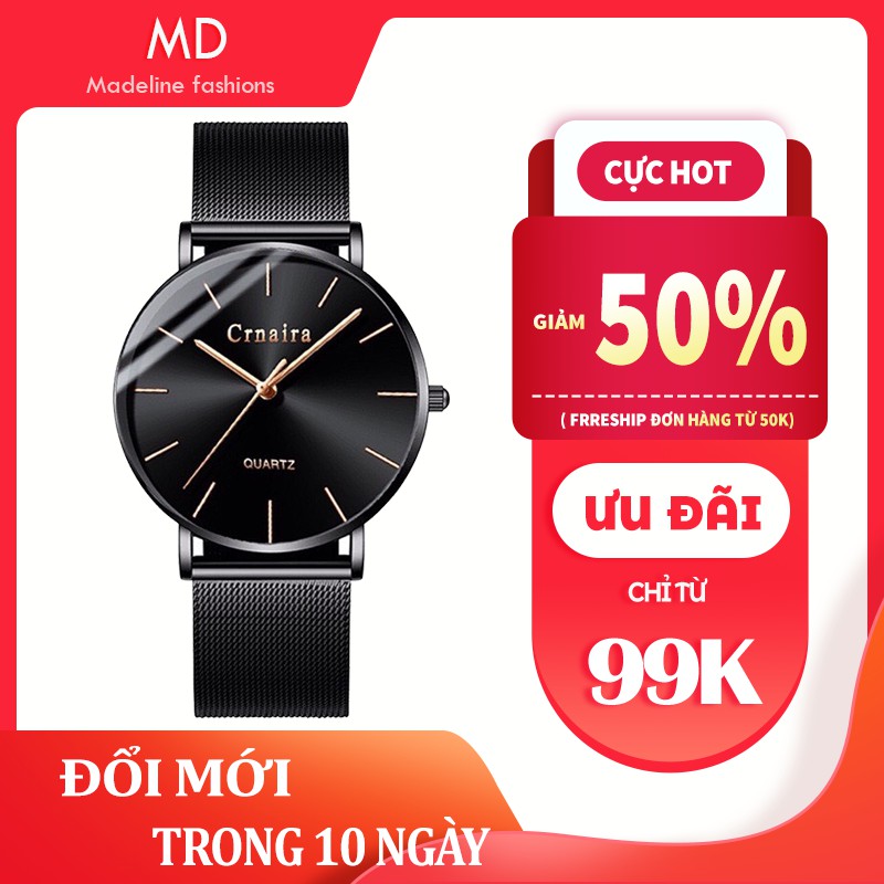 Đồng hồ nam chính chãng Crnaira CR04 dây thép nhuyễn cực đẹp, mỏng chỉ 7mm, lịch lãm, phong cách