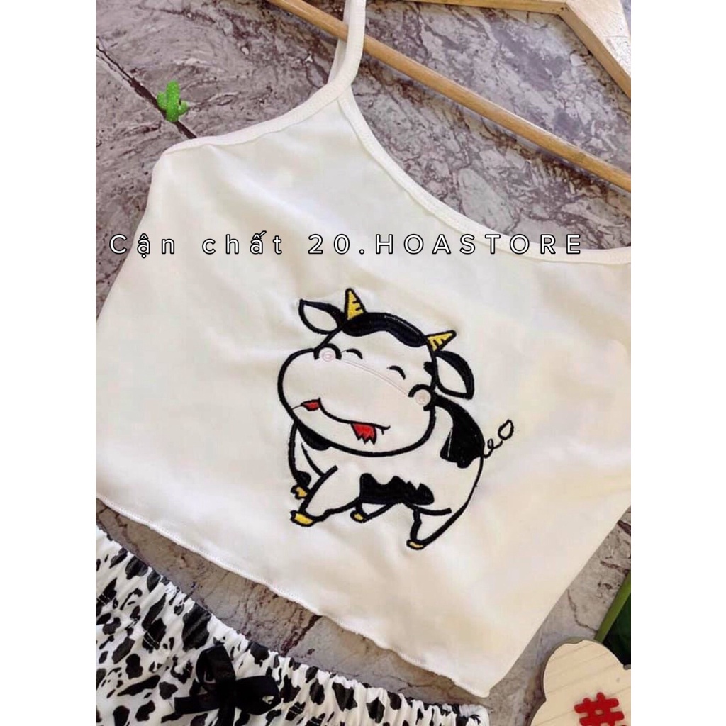 Bộ Ngủ 2 Dây Bò Sữa  Quần Short - Set Áo Hai Dây Trâu Cute Mix Quần Đùi Báo Đốm Ngựa Vằn Bò Sữa