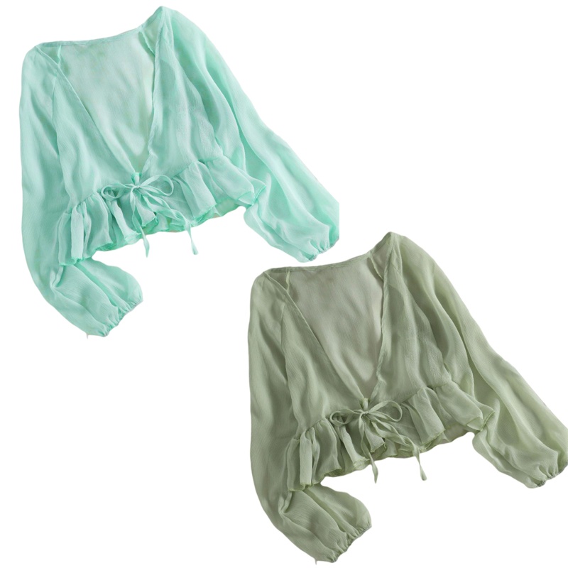Áo Sơ Mi Chiffon Tay Dài Phồng Cột Dây Trước Dáng Rộng Màu Trơn Dành Cho Nữ