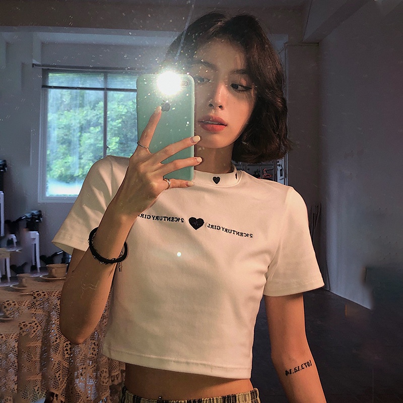 Áo Thun Croptop Tay Ngắn Dáng Ôm Thêu Chữ Thời Trang Cho Nữ