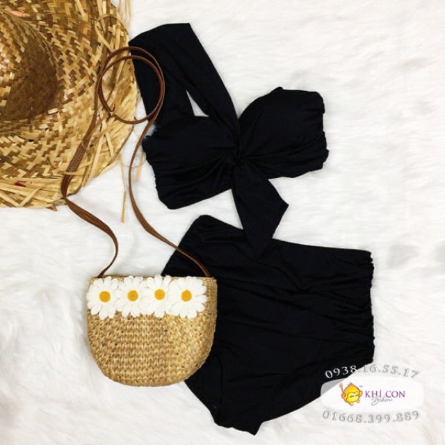Bikini 2 mảnh, đồ bơi lưng cao, áo quả ngang lệch vai nâng ngực sành điệu