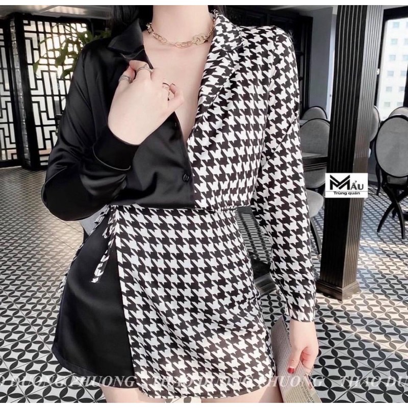 Set sơ mi đắp chéo chân váy mắc cáo