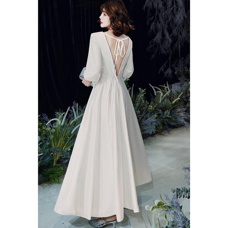 Satin wedding dress new white long sleeve host banquet simple evening dress female | BigBuy360 - bigbuy360.vn