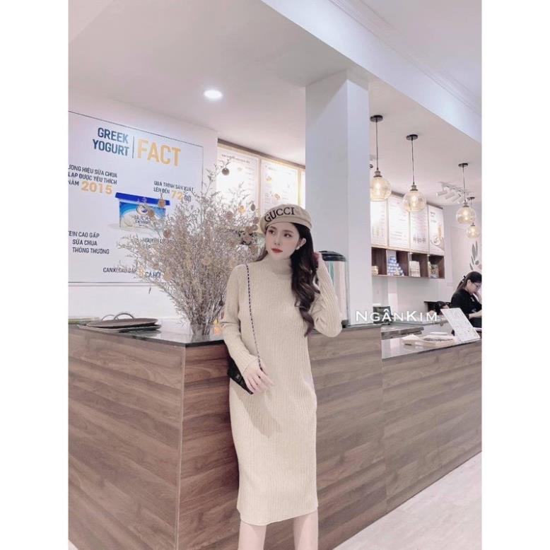 Váy len tăm, đầm len tăm cổ lọ 3 phân, dáng suông