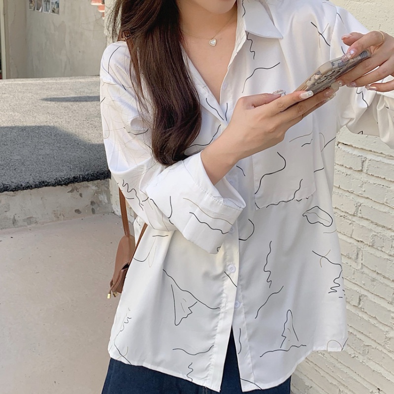 Linki ❀ Áo Sơ Mi Nữ Tay Dài Form Rộng Họa Tiết Đơn Giản