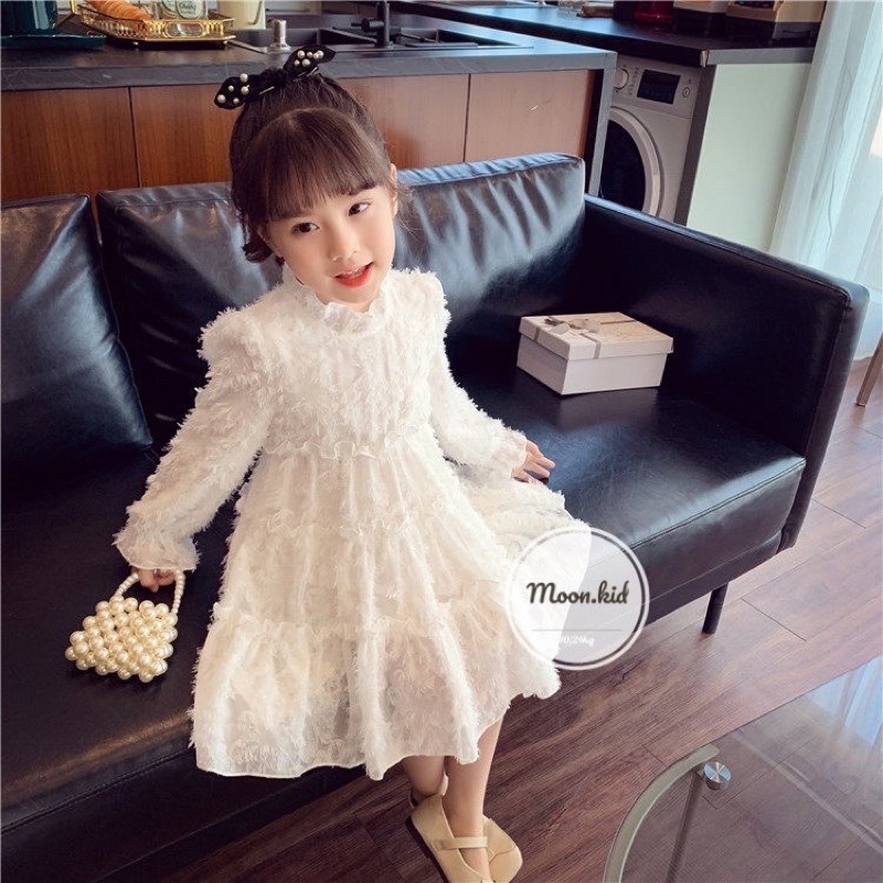 Váy bé gái bèo trắng, đầm công chúa ren lông 2 màu trắng, hồng