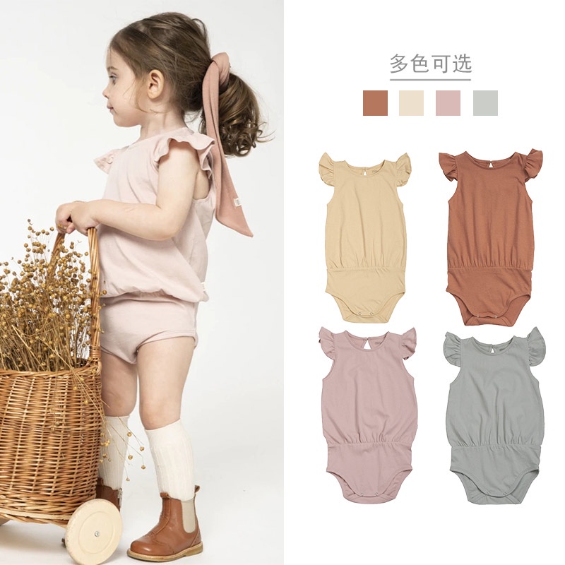 Bộ Áo Liền Quần Tay Bay Vải Cotton Màu Sắc Đơn Giản Thời Trang Mùa Hè Cho Bé