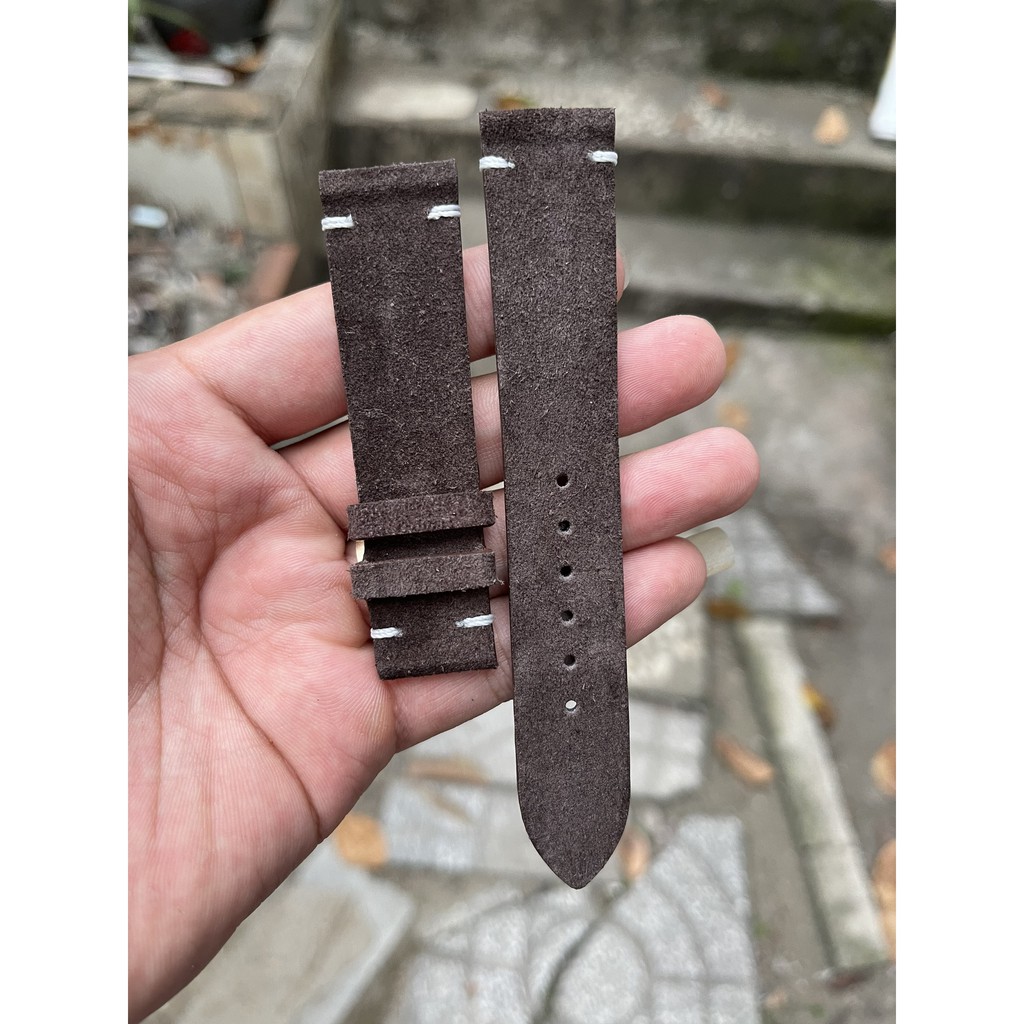 Dây đồng hồ da bò lộn chốt chỉ 2 đầu màu nâu đậm tặng khóa có size lẻ [Size 18-16,19-16,19-18, 20-18,21-18,21-20,22-20]