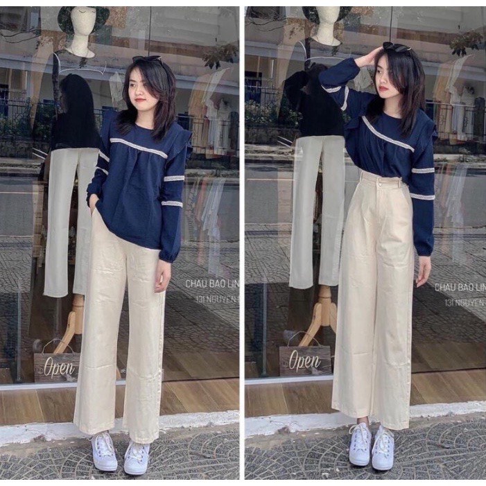 Quần kaki 2 cúc dáng xuông nữ - Culottes trơn ống rộng khuy cài vintage, thiết kế đơn giản HOT TREND