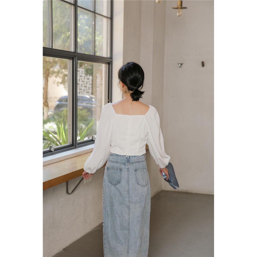 Áo kiểu tay phồng dài cổ vuông, thiết kế dáng ngắn (croptop) mặc được trễ vai_siêu phẩm Liola 2020