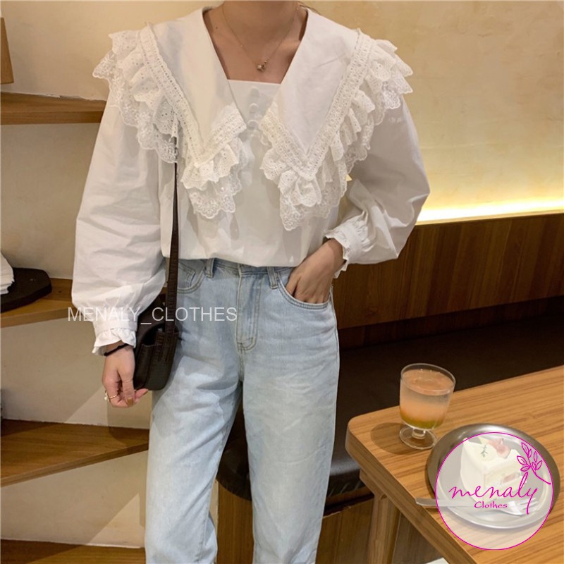 Áo sơ mi nữ hàn quốc cổ bẻ bản to tay bồng bo chun AH026, mẫu áo sơ mi vải thô mềm phối ren cực xinh