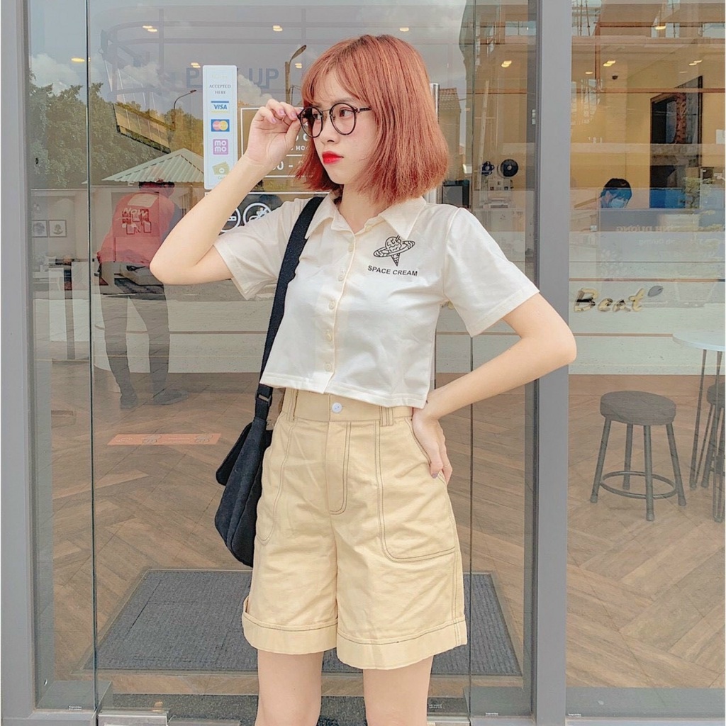 Áo croptop cổ trụ tay ngắn co giãn mềm mịn kiểu dáng thời trang-Cún Shop