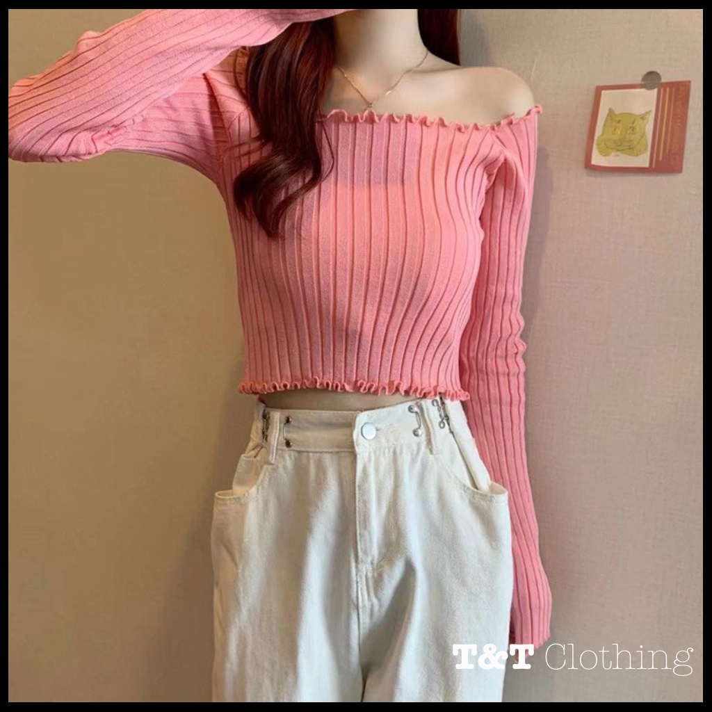 Áo tay dài len gân trễ vai | áo len tăm nữ - AK0040 | 23tshop