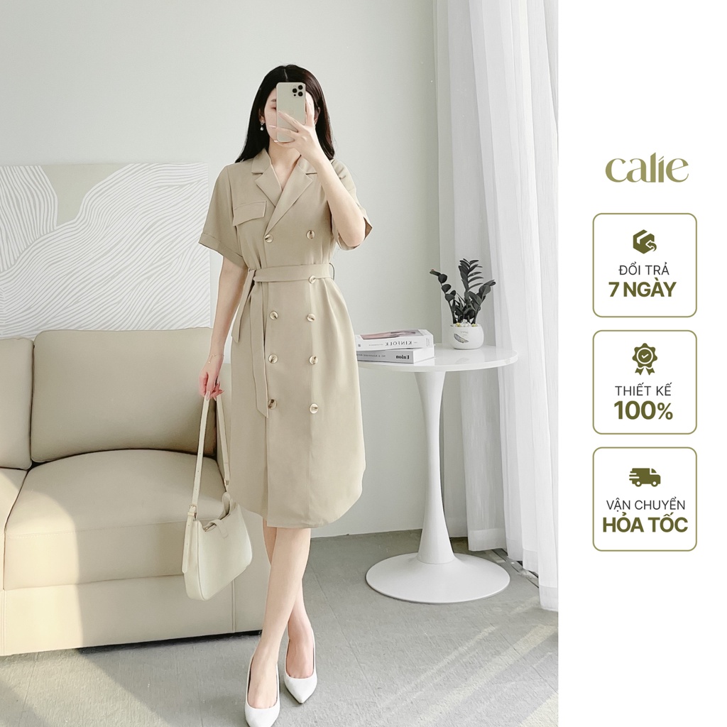 Váy dáng A cổ vest phối đai thanh lịch Calie VA152