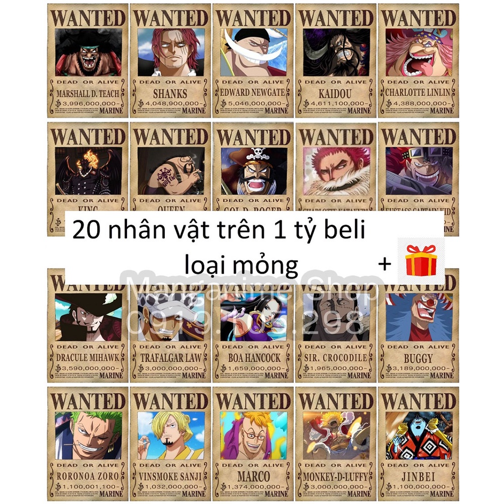 Bộ 20 tấm truy nã cao nhất onepiece wanted poster loại mỏng