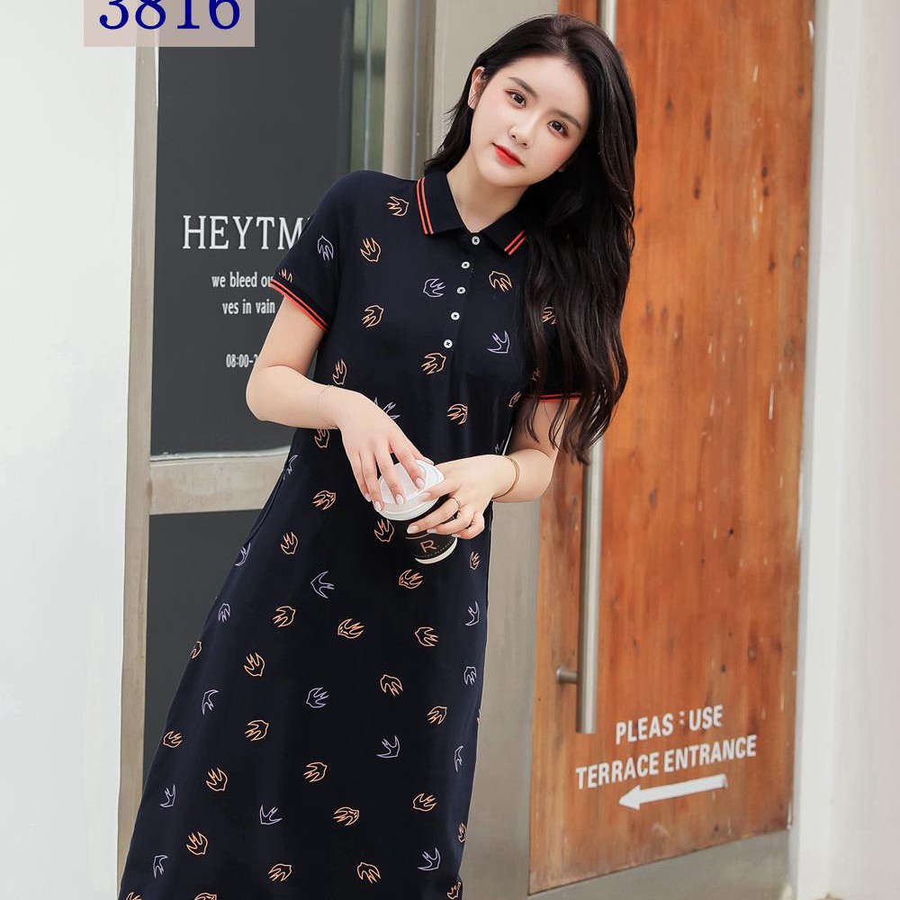 Đầm thun cotton suông Polo, ngắn tay, hàng chính hãng, dáng dài trùm gối (45kg-80kg)